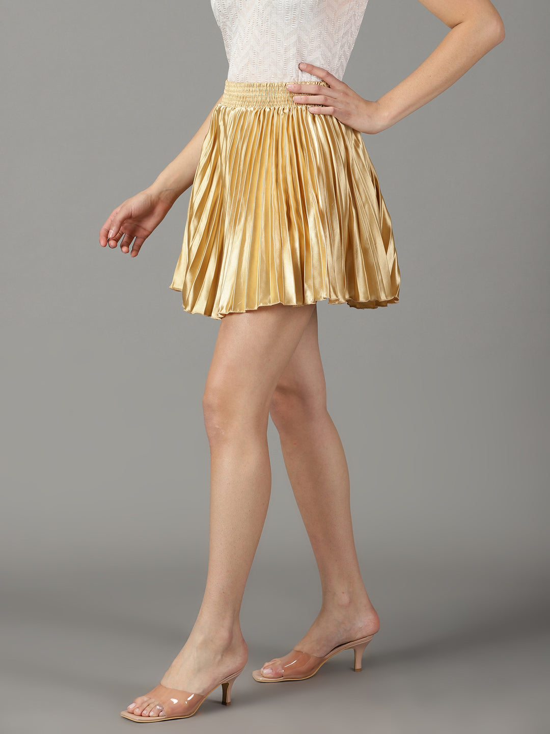Women's Gold Solid Flared Skirt
