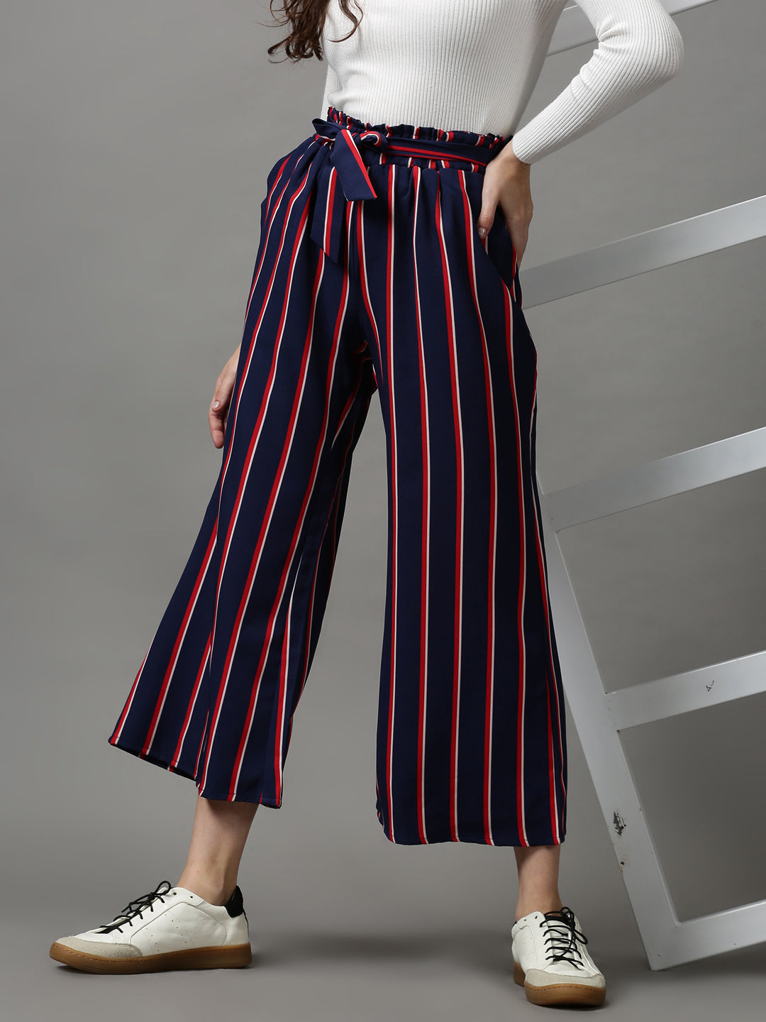 Women's Navy Blue Striped Parallel Trouser