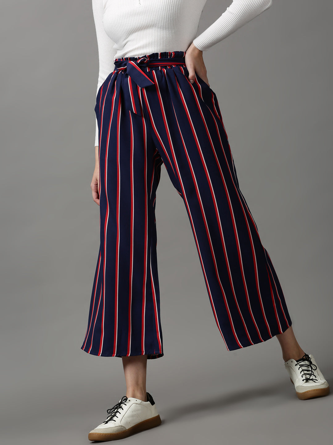 Women's Navy Blue Striped Parallel Trouser