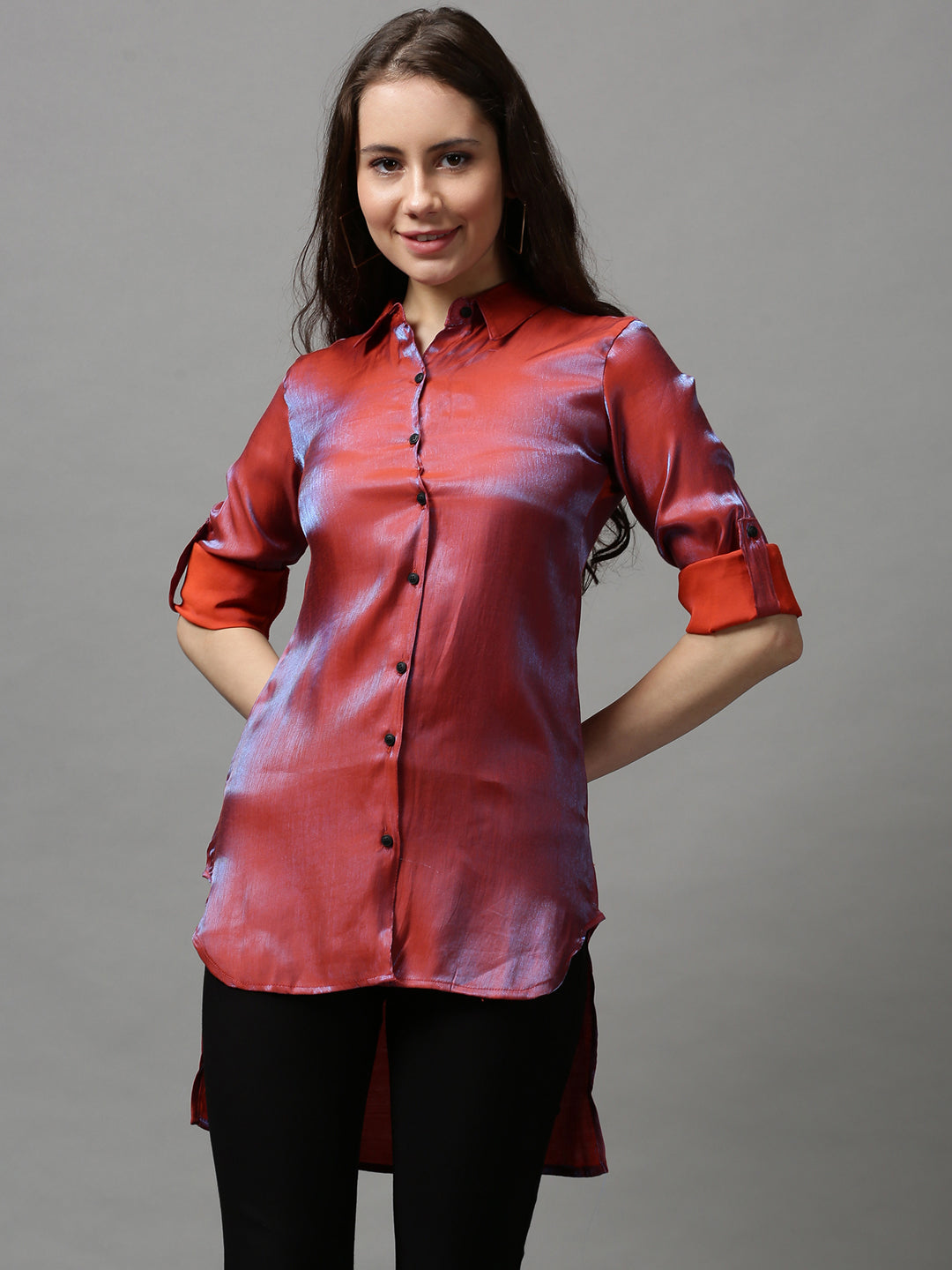 Women's Orange Solid Longline Shirt