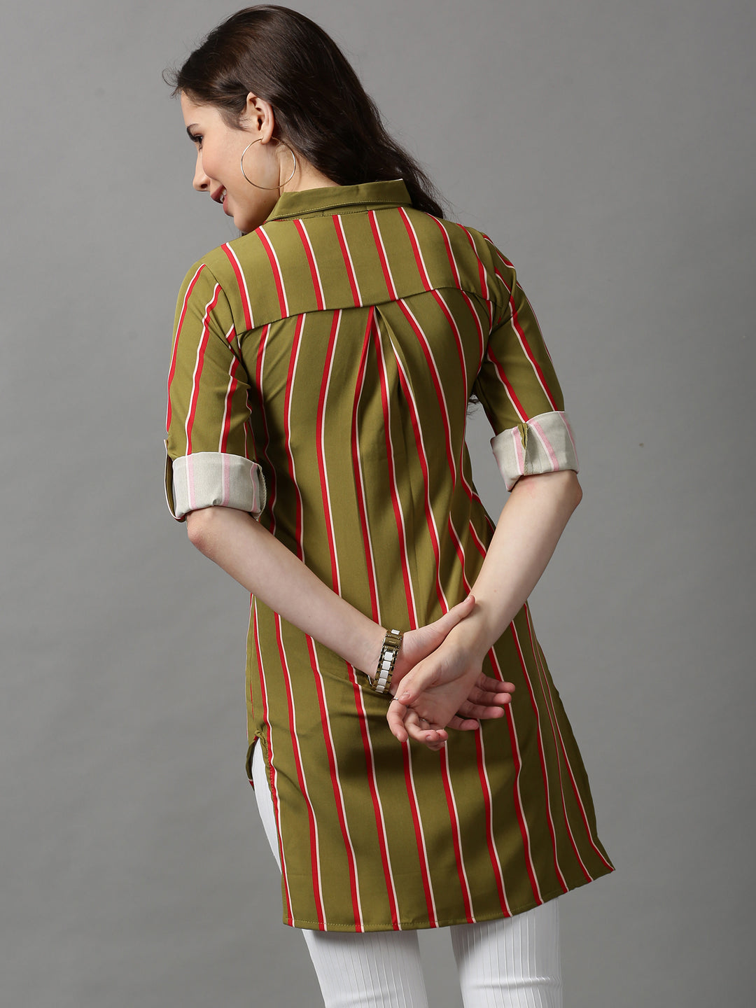 Women's Green Striped Longline Shirt