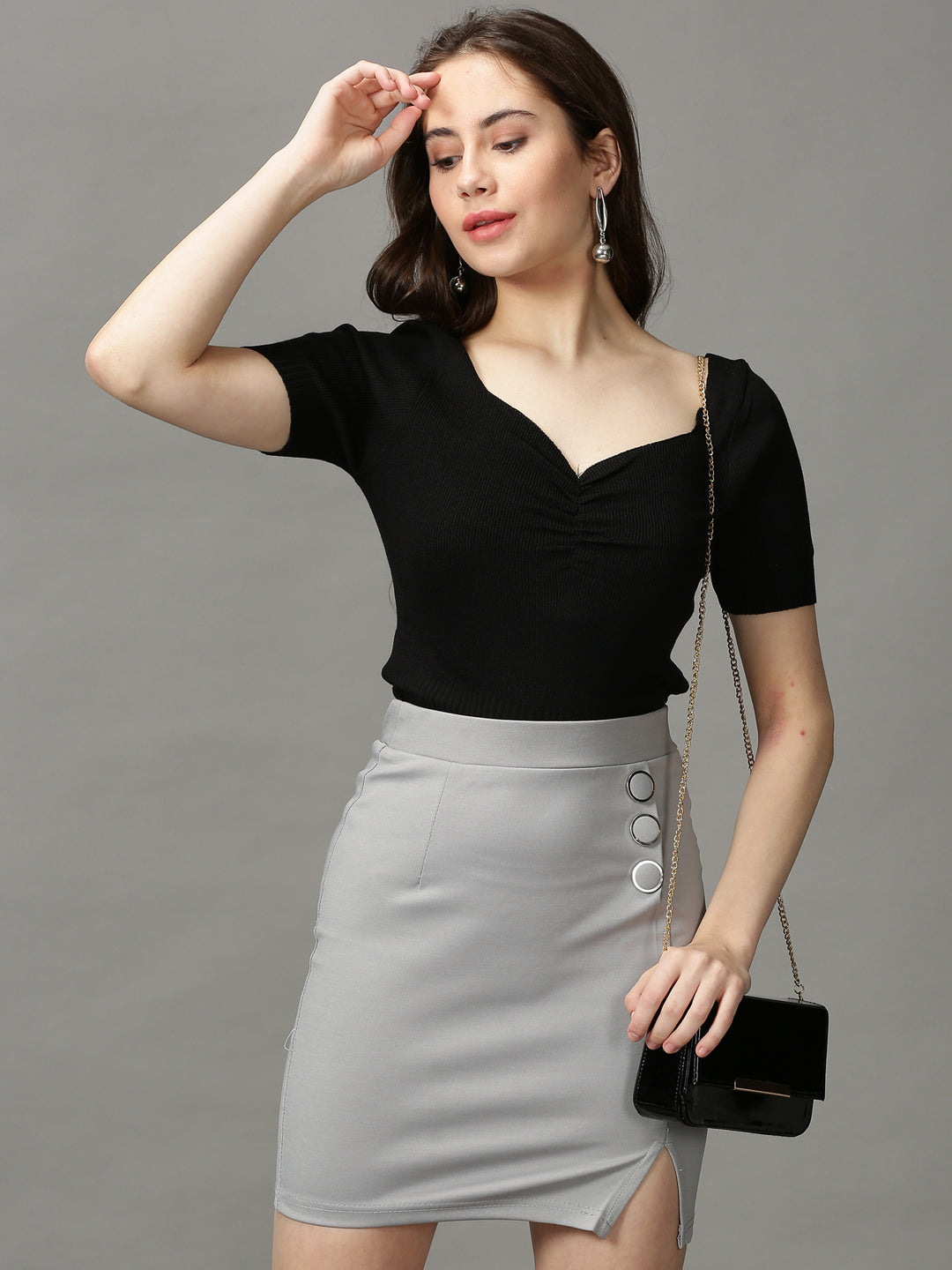 Women's Grey Solid Pencil Skirt
