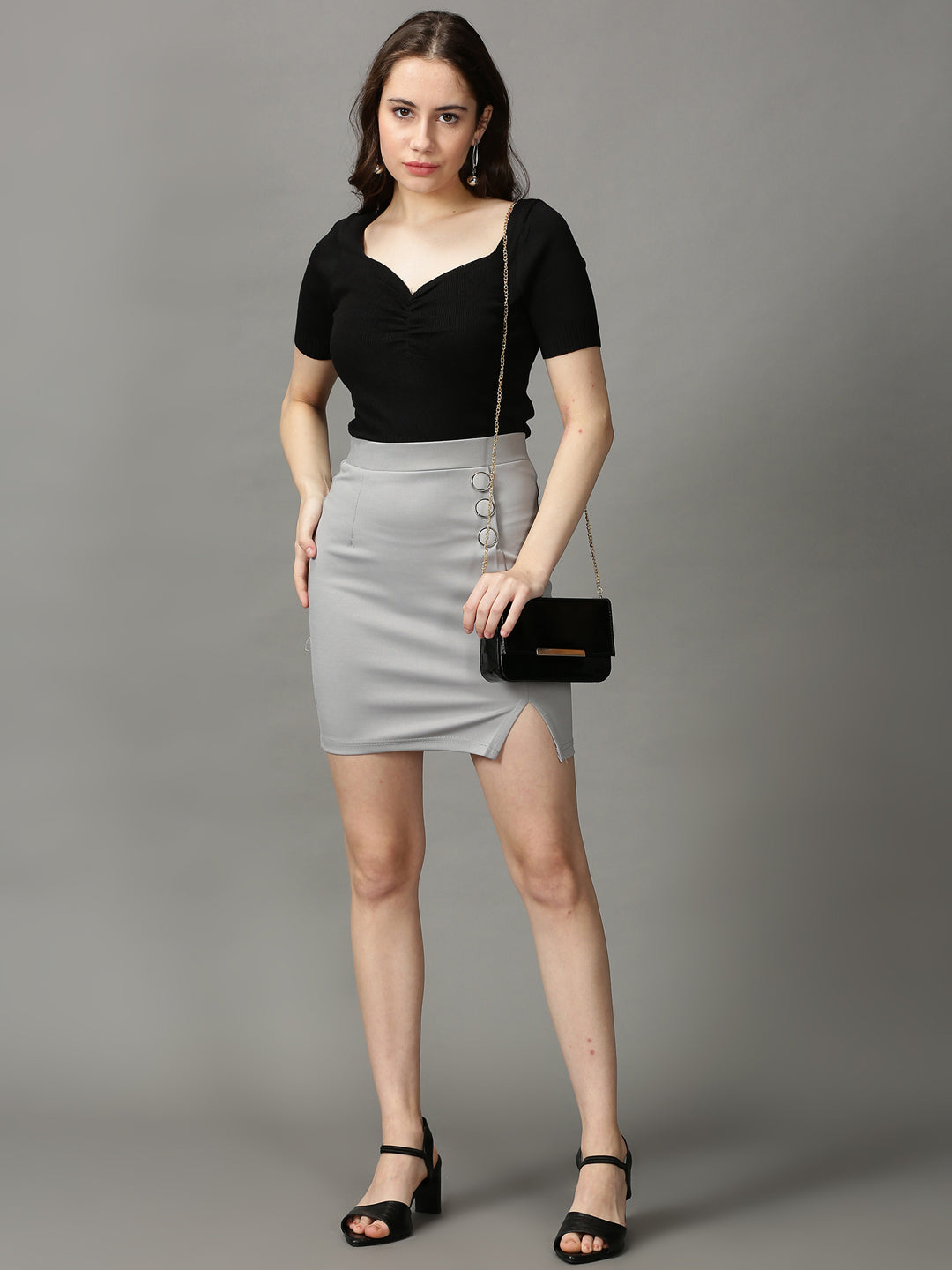 Women's Grey Solid Pencil Skirt