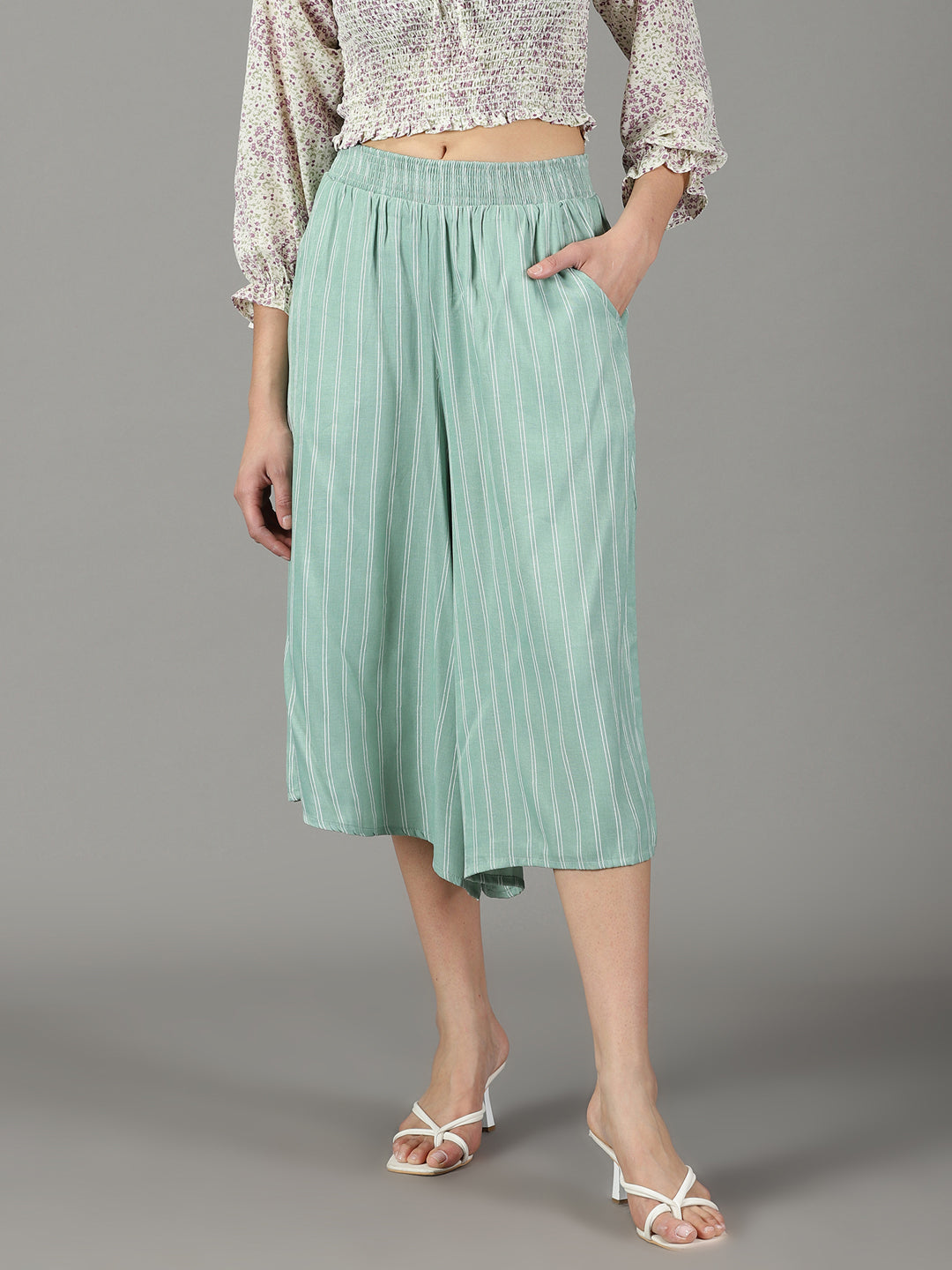 Women's Sea Green Striped Culottes