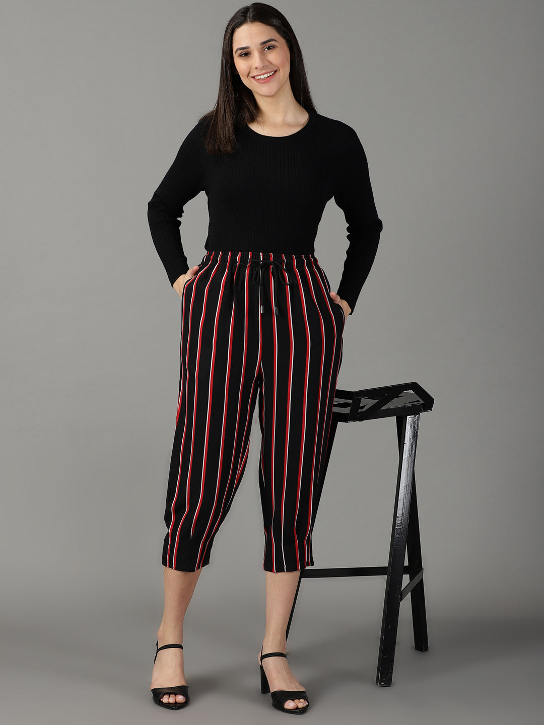 Women's Black Striped Trouser