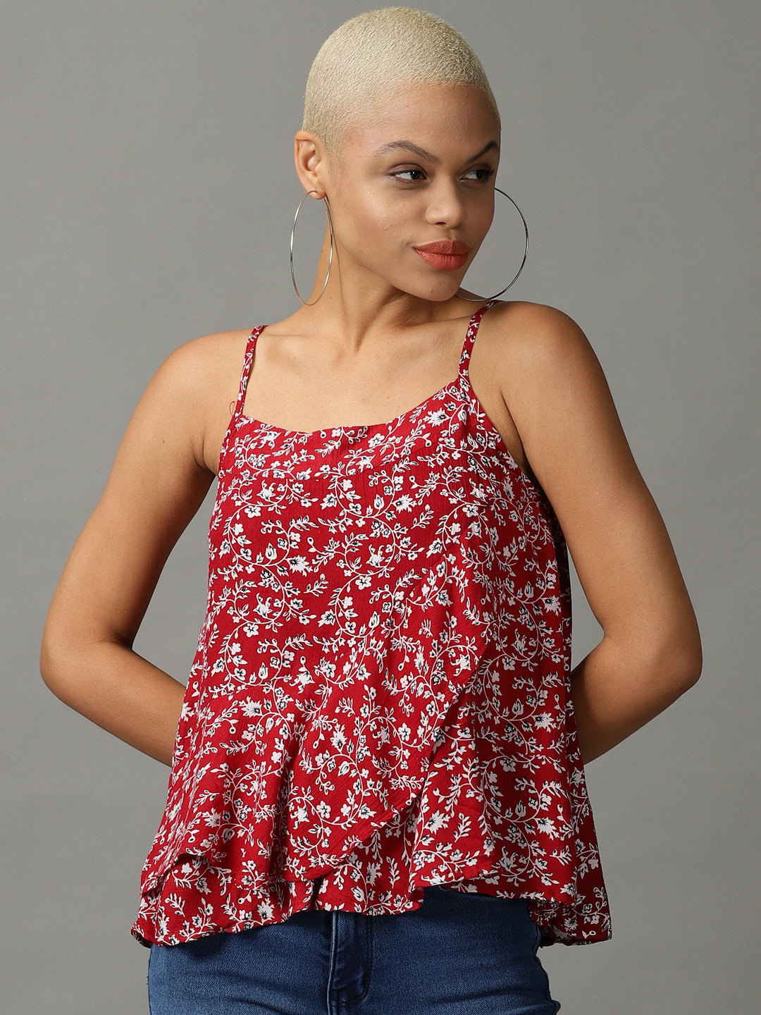 Women's Red Printed Wrap Top