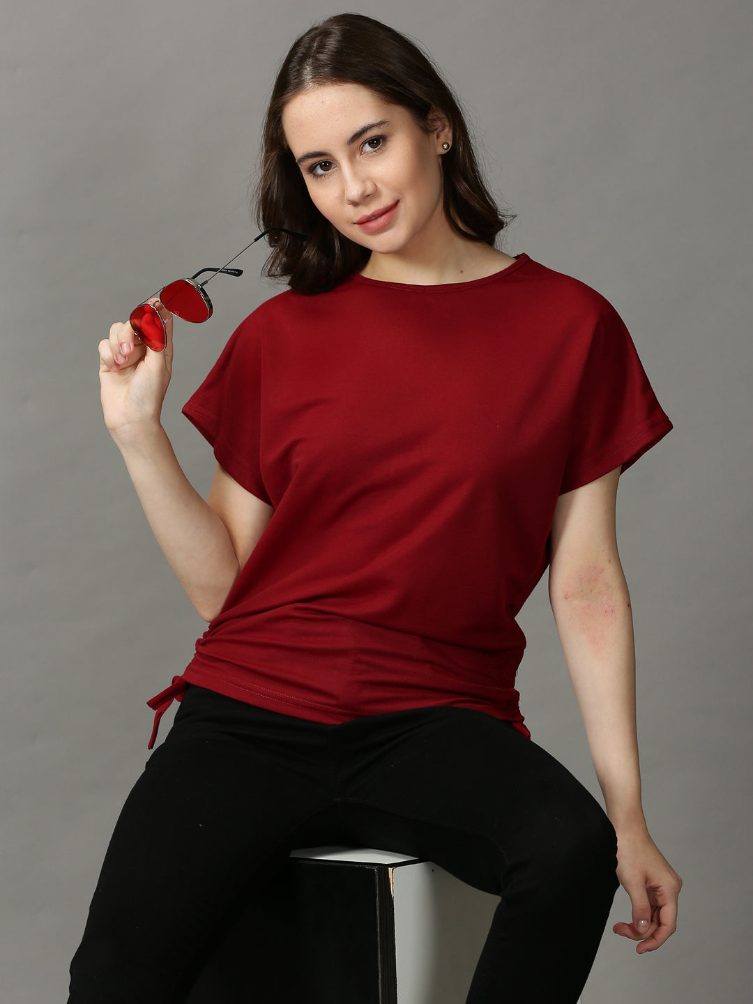 Women's Red Solid Boxy Top