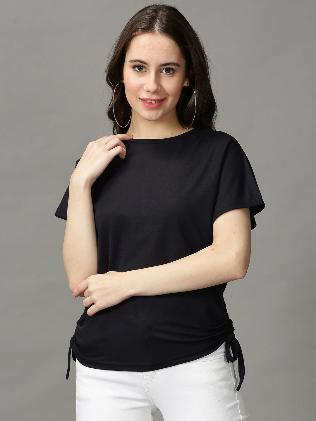 Women's Navy Blue Solid Boxy Top