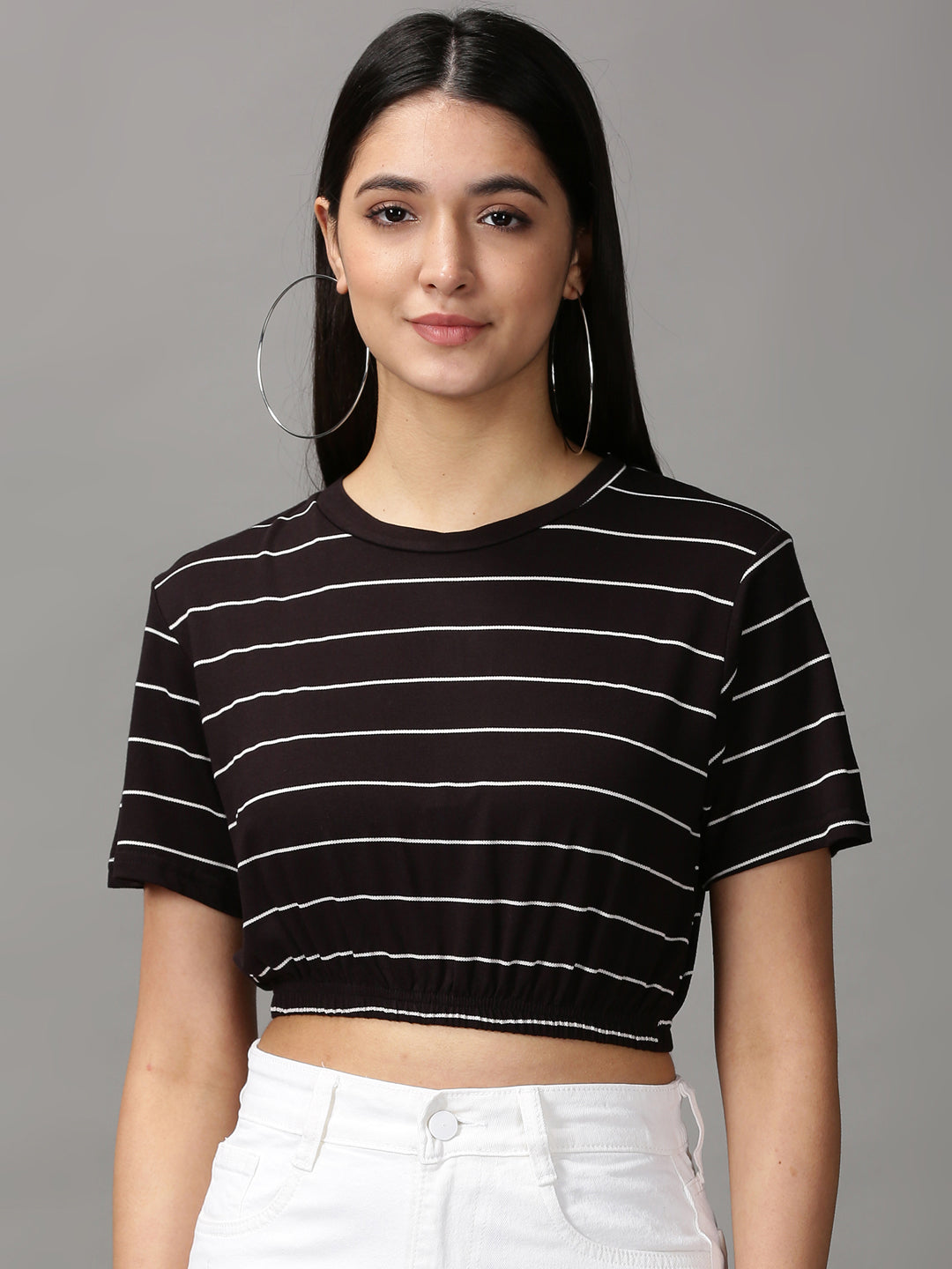 Women's Black Striped Cinched Waist Crop Top
