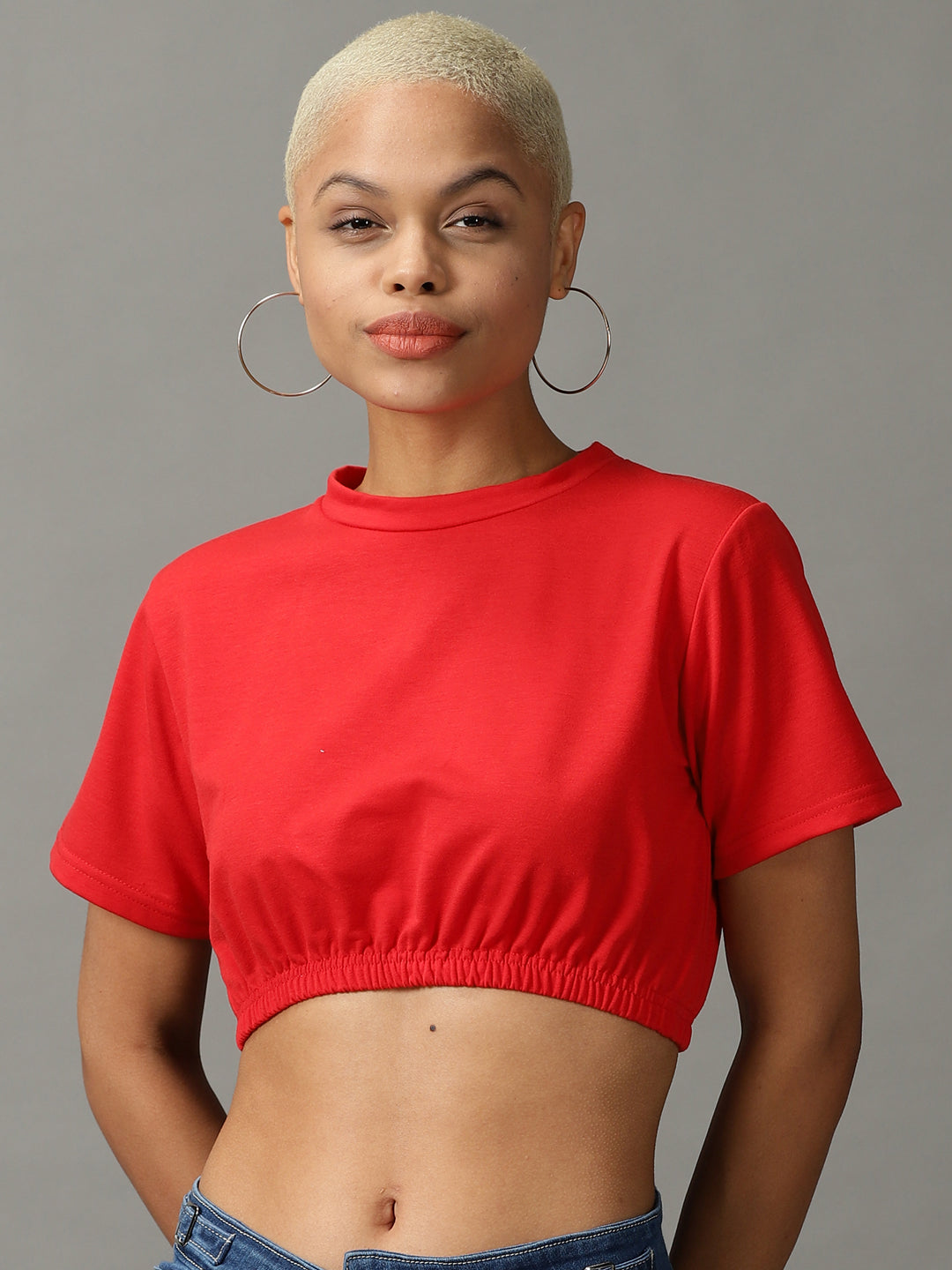 Women's Red Solid Cinched Waist Crop Top