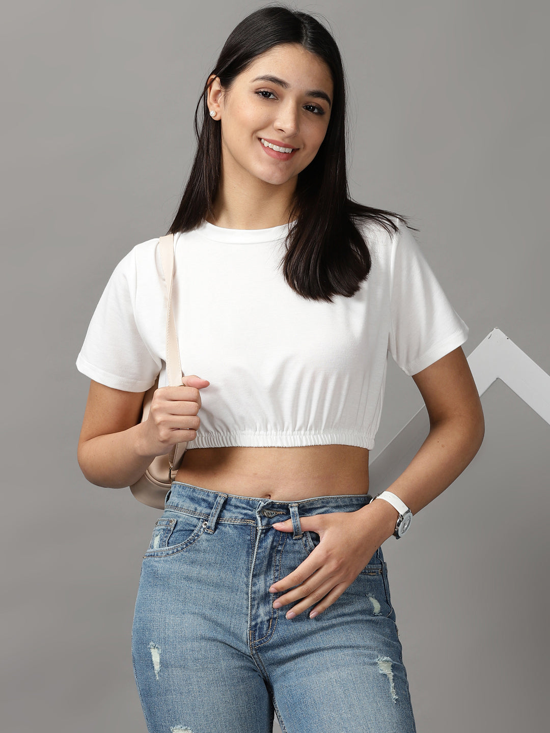 Women's White Solid Cinched Waist Crop Top