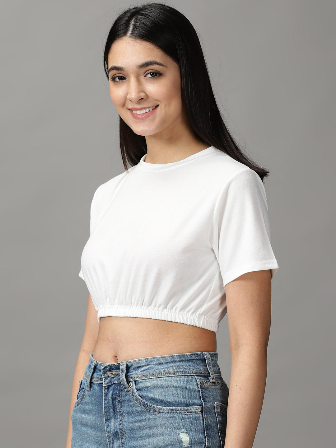 Women's White Solid Cinched Waist Crop Top