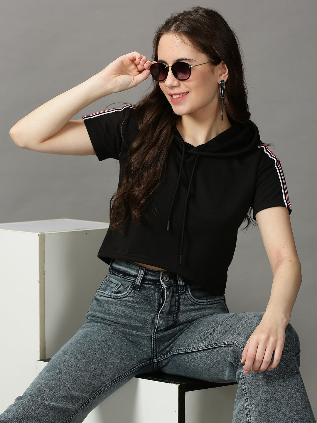 Women's Black Solid High-Low Crop Top