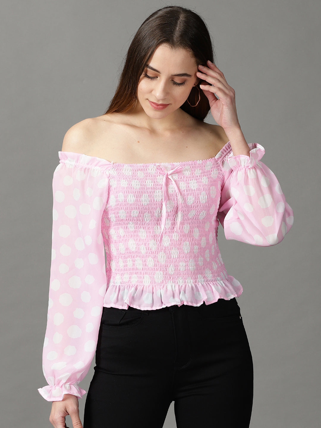 Women's Pink Printed Blouson Top