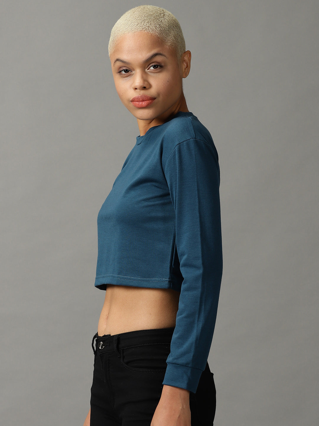 Women's Blue Solid Boxy Crop Top