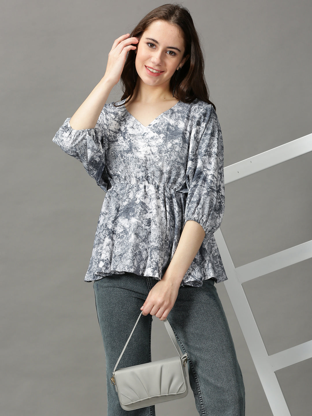 Women's Grey Printed Peplum Top