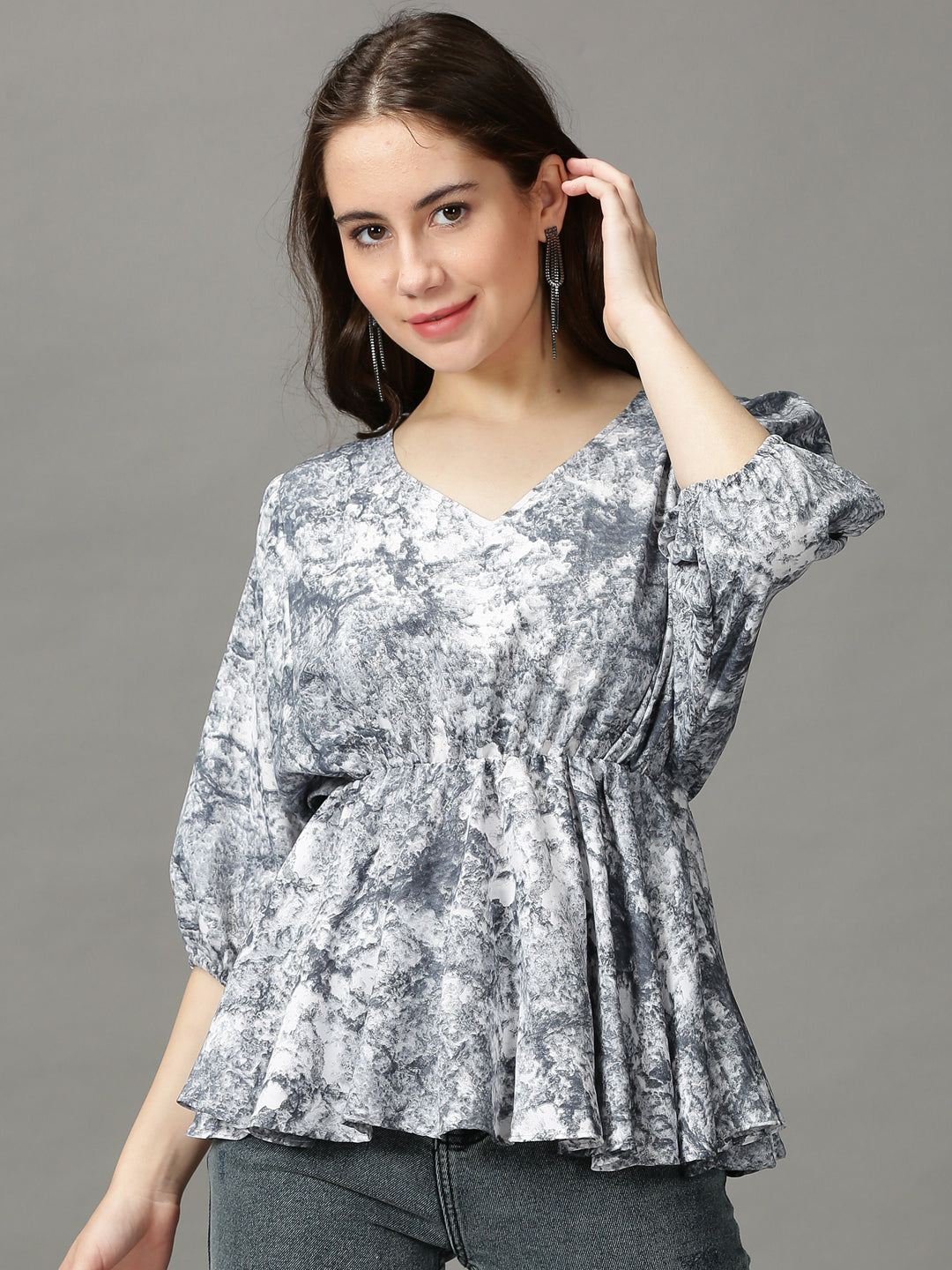 Women's Grey Printed Peplum Top