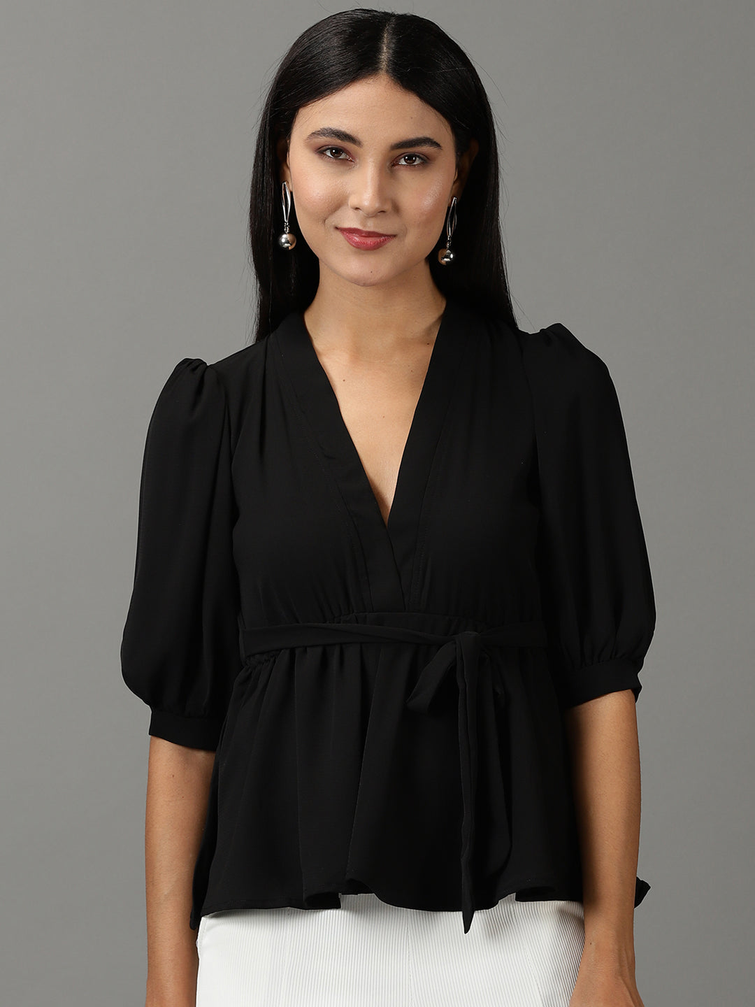 Women's Black Solid Wrap Top