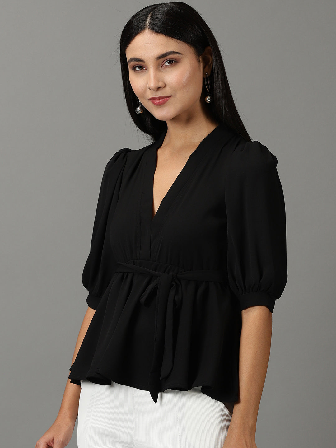 Women's Black Solid Wrap Top