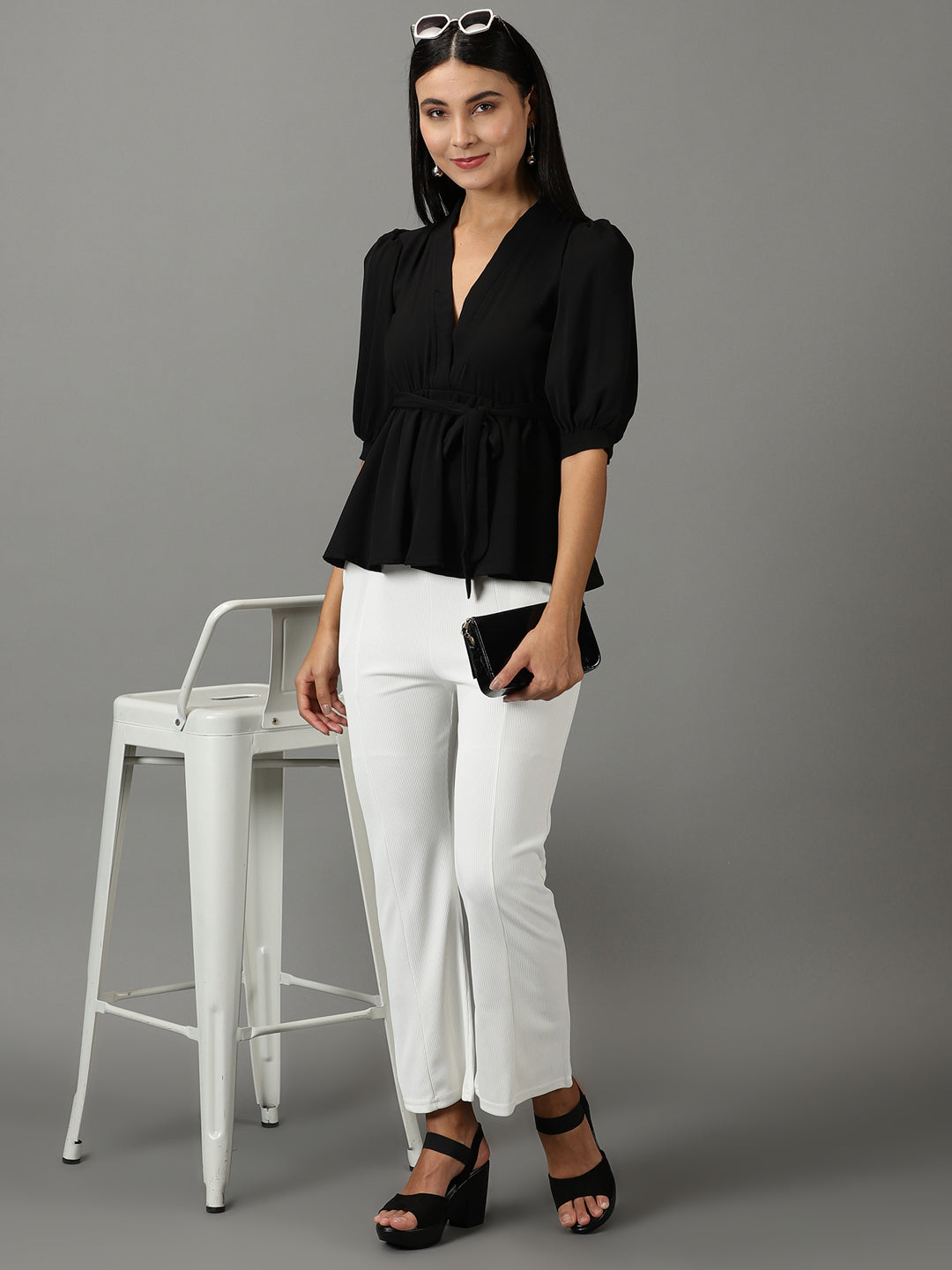 Women's Black Solid Wrap Top