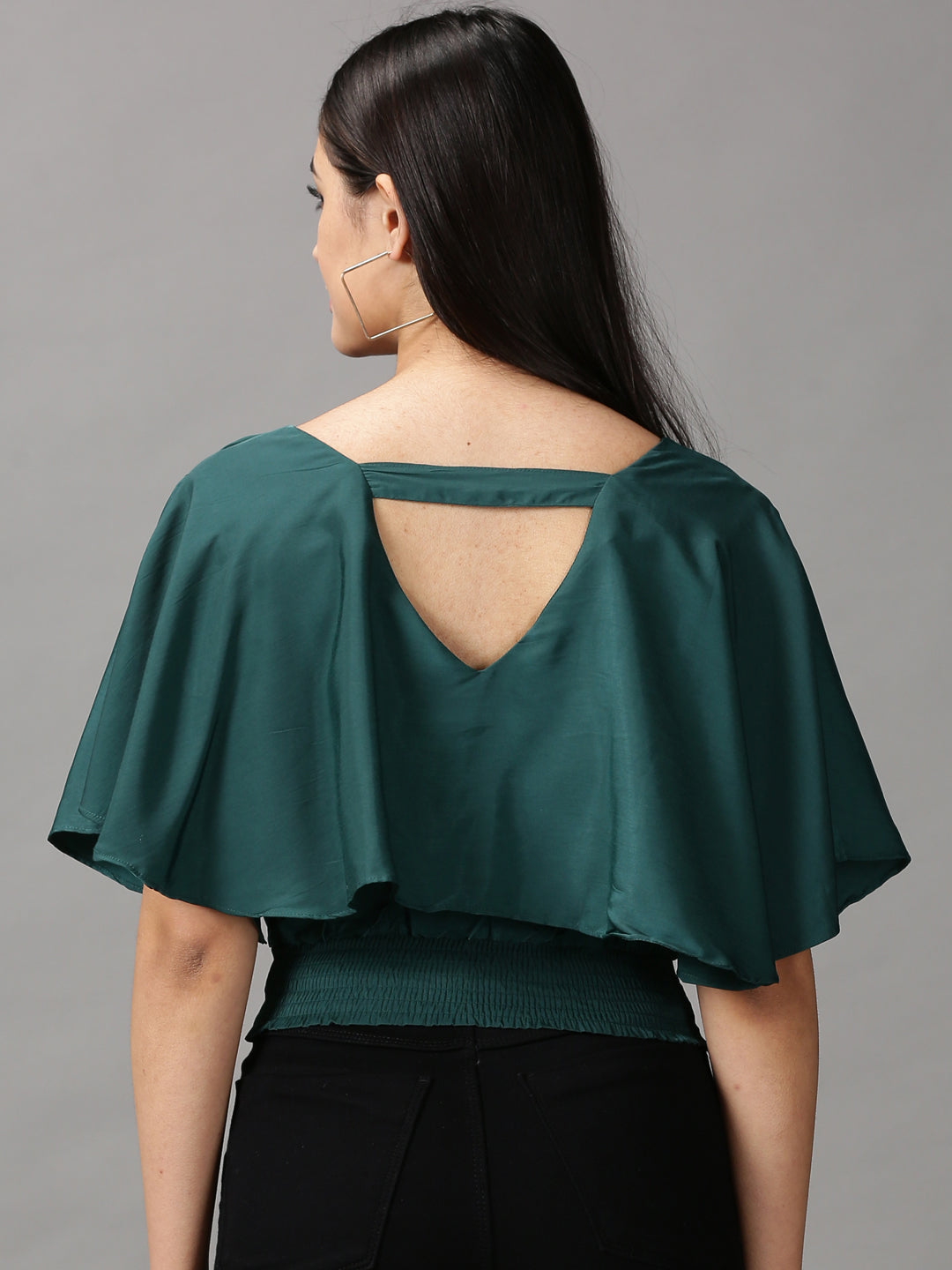 Women's Green Solid Cinched Waist Crop Top