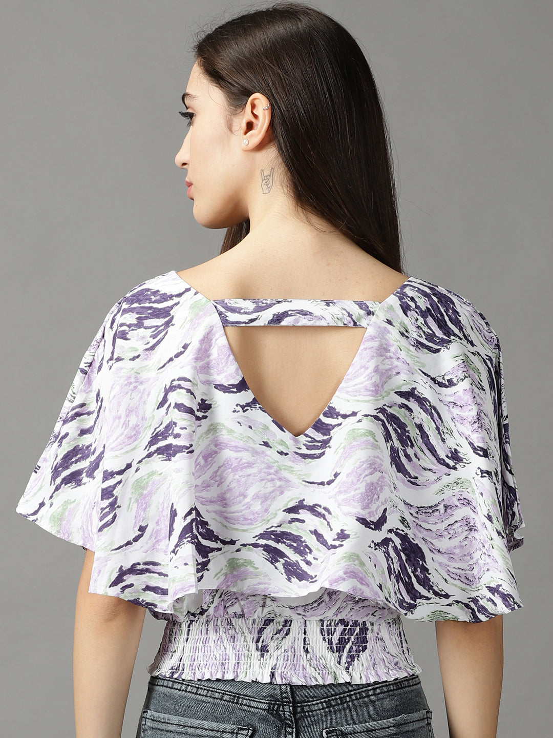 Women's Purple Printed Cinched Waist Crop Top
