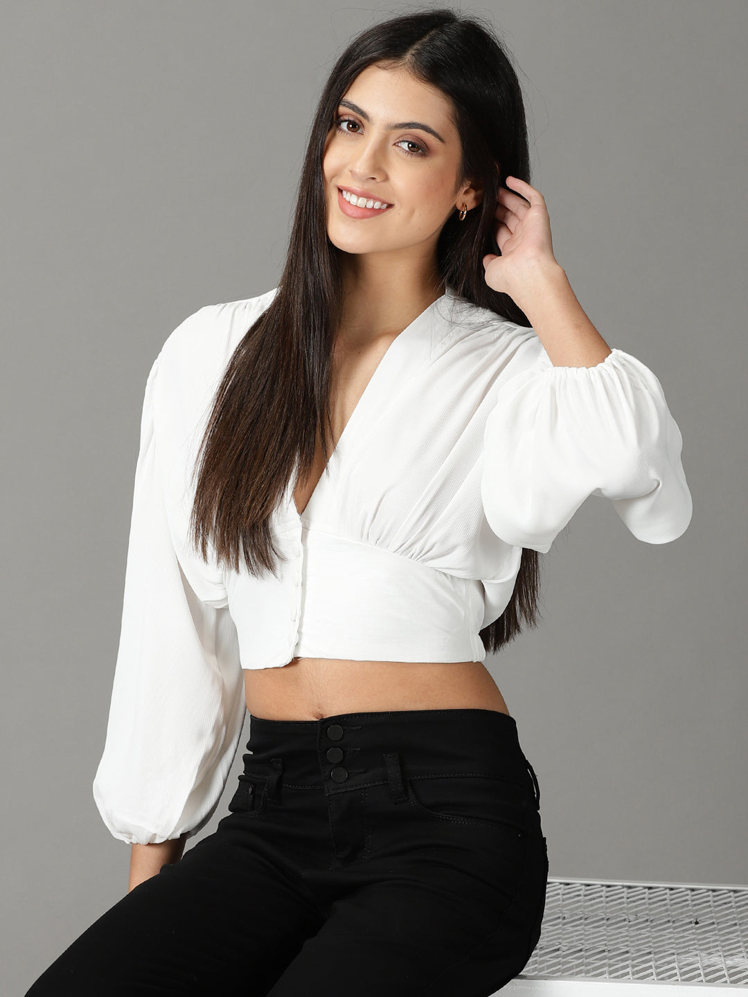 Women's White Solid Cinched Waist Top