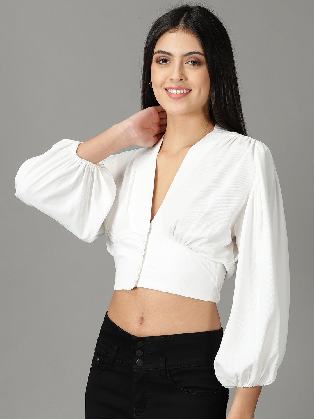Women's White Solid Cinched Waist Top