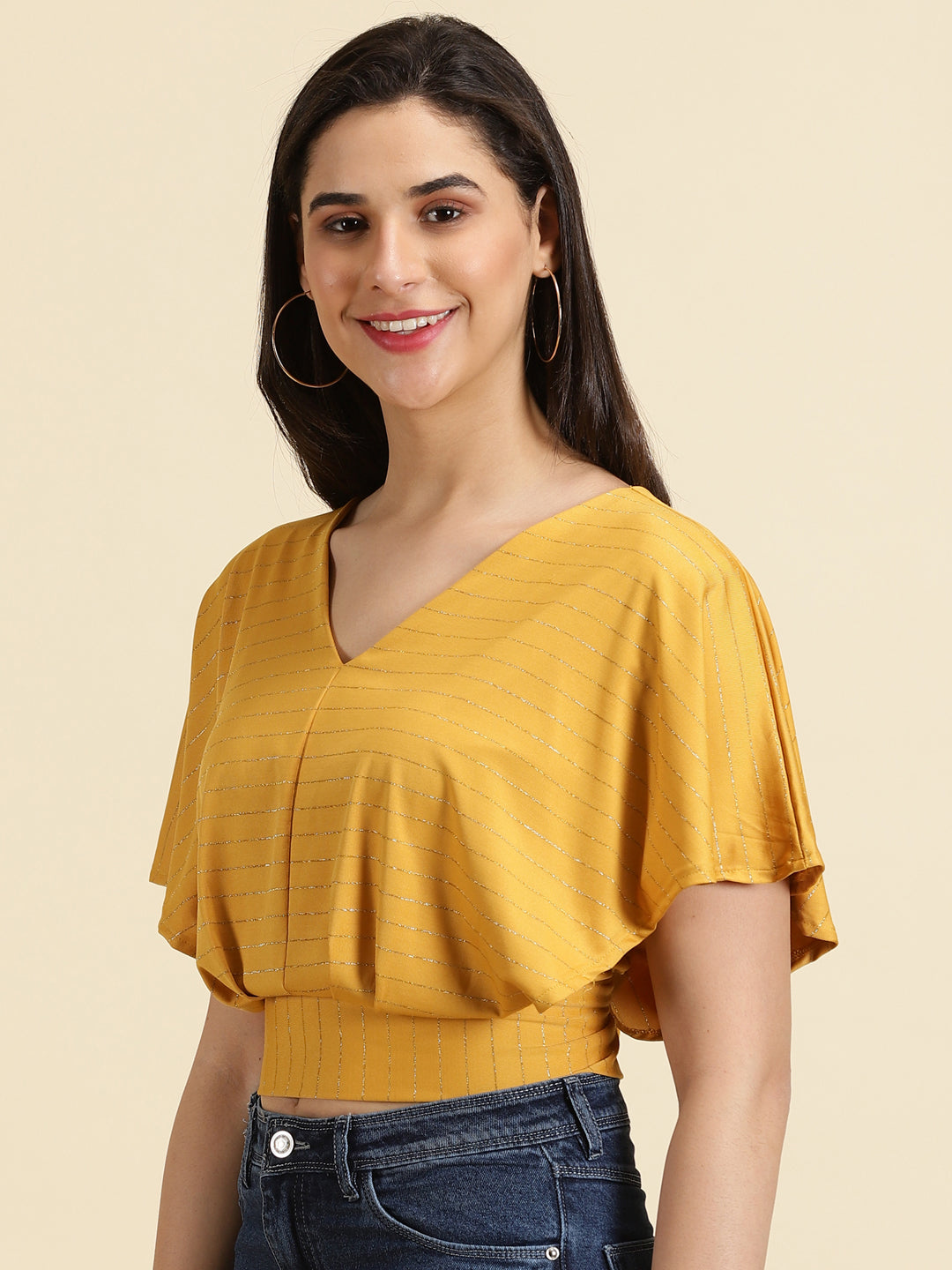 Women's Mustard Striped Blouson Crop Top