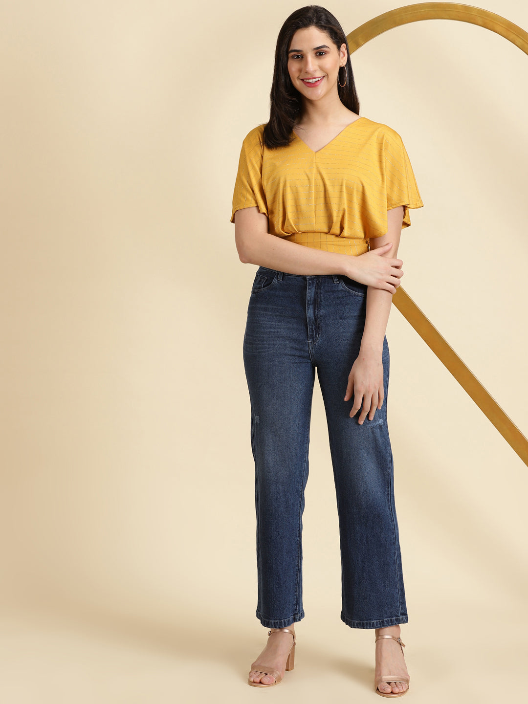 Women's Mustard Striped Blouson Crop Top