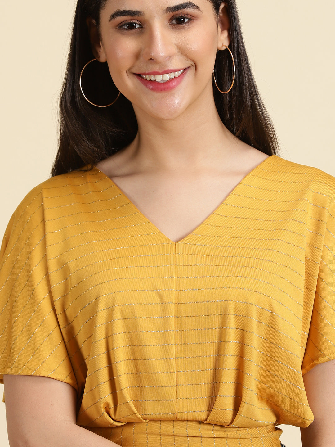 Women's Mustard Striped Blouson Crop Top