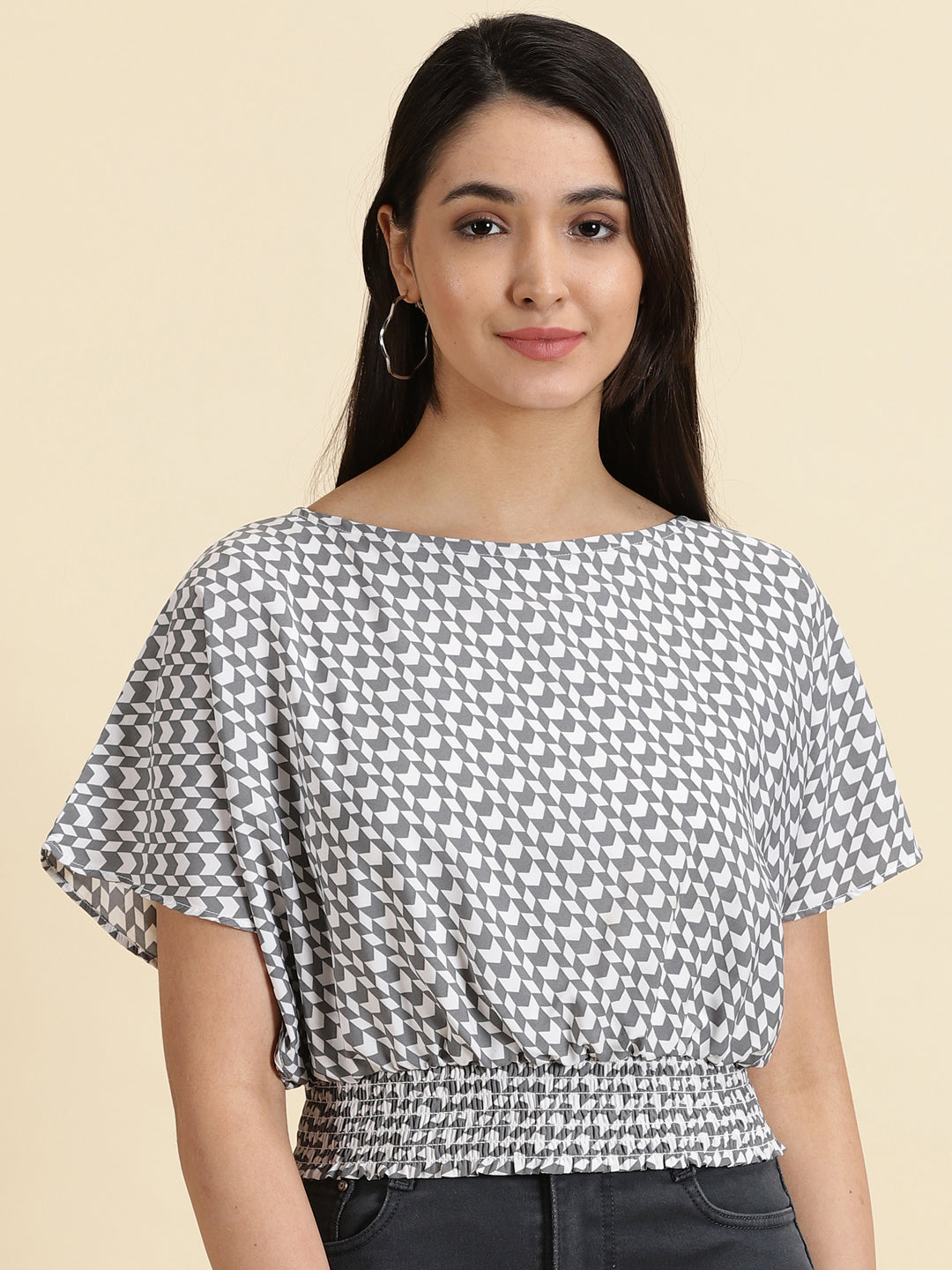 Women's White Printed Cinched Waist Crop Top