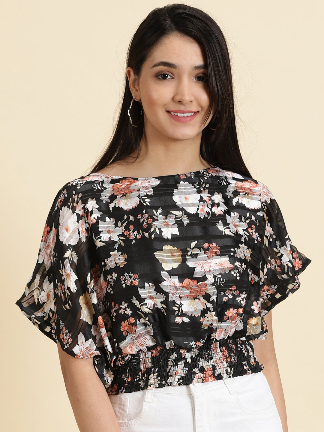 Women's Black Printed Cinched Waist Crop Top