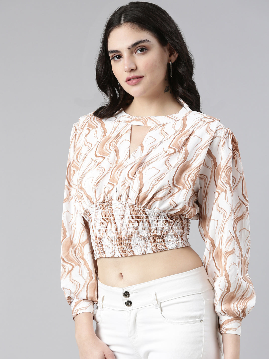 Keyhole Neck Cuffed Sleeves Abstract Cinched Waist Brown Crop Top