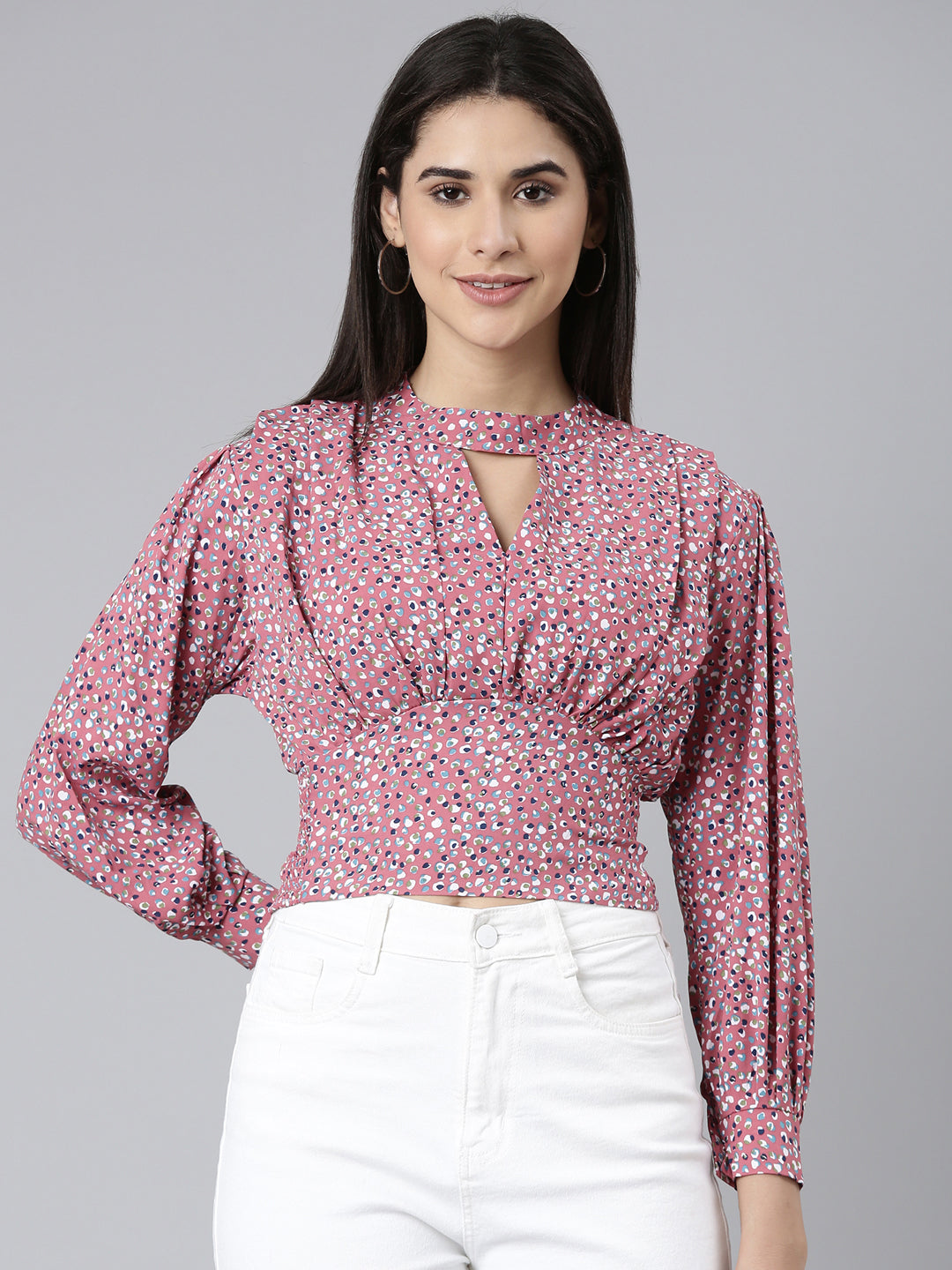 Keyhole Neck Cuffed Sleeves Abstract Cinched Waist Mauve Crop Top