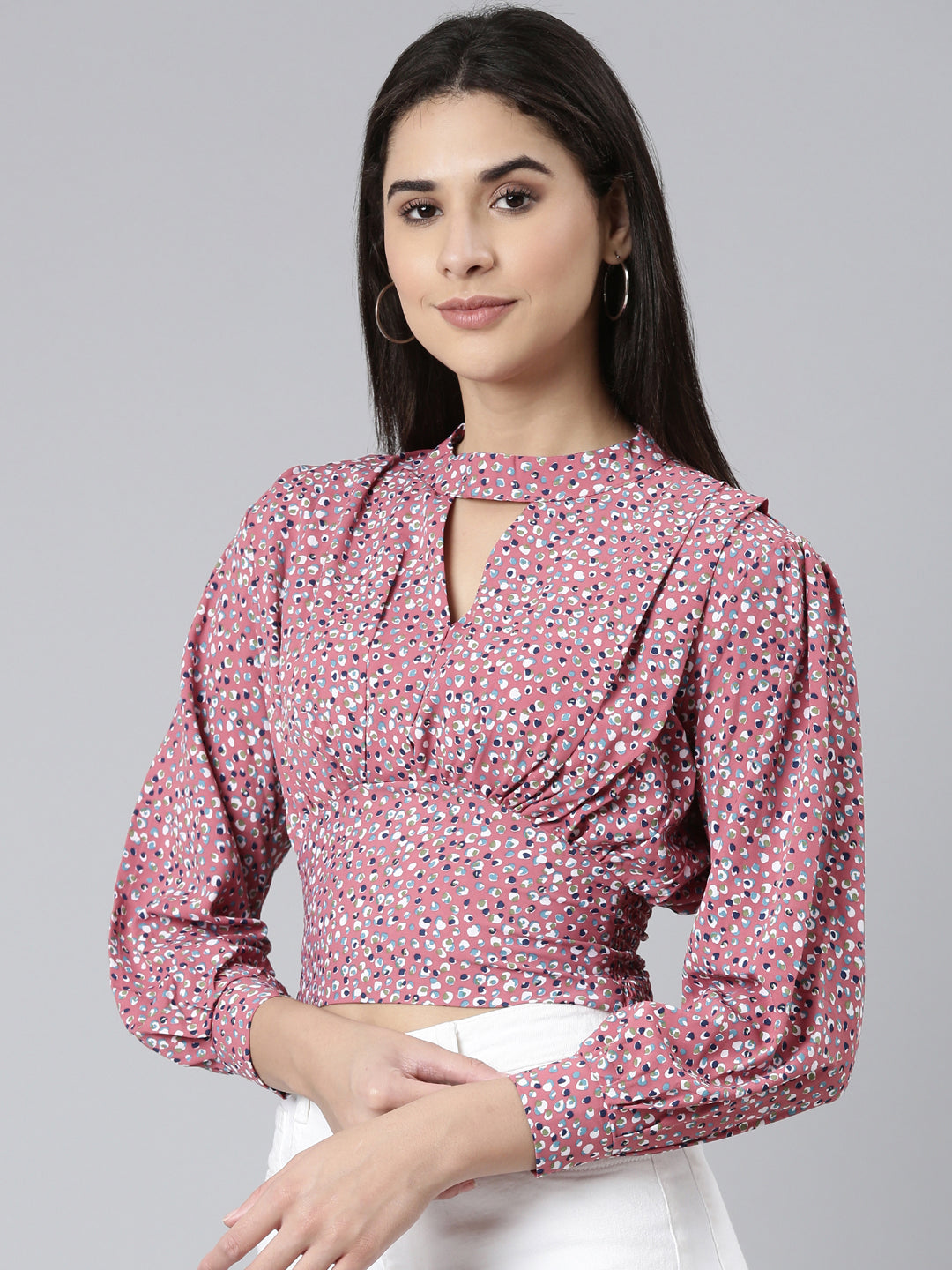 Keyhole Neck Cuffed Sleeves Abstract Cinched Waist Mauve Crop Top