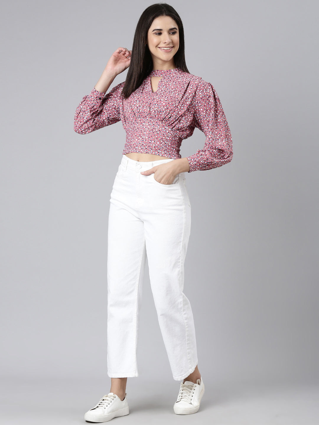 Keyhole Neck Cuffed Sleeves Abstract Cinched Waist Mauve Crop Top