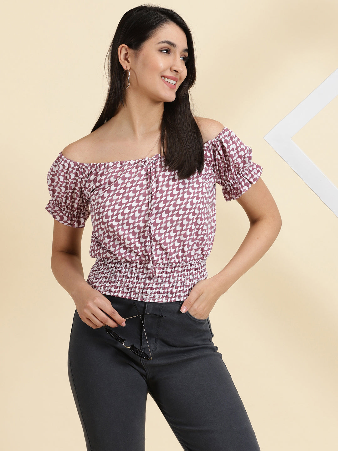 Women's White Printed Cinched Waist Top