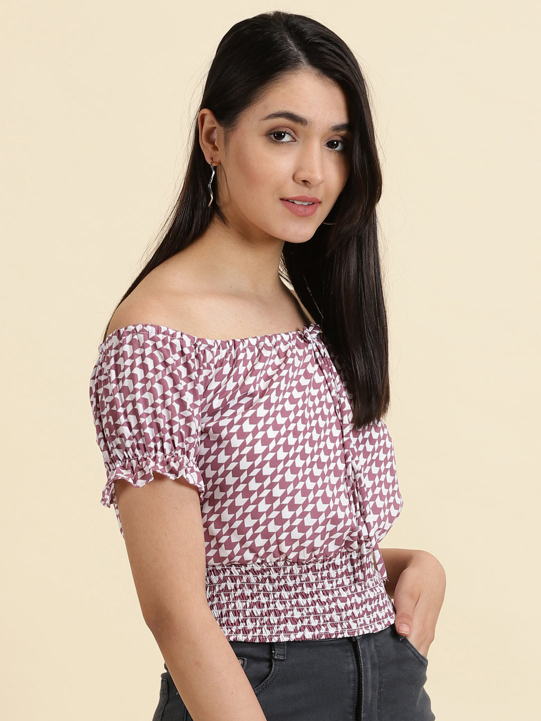 Women's White Printed Cinched Waist Top