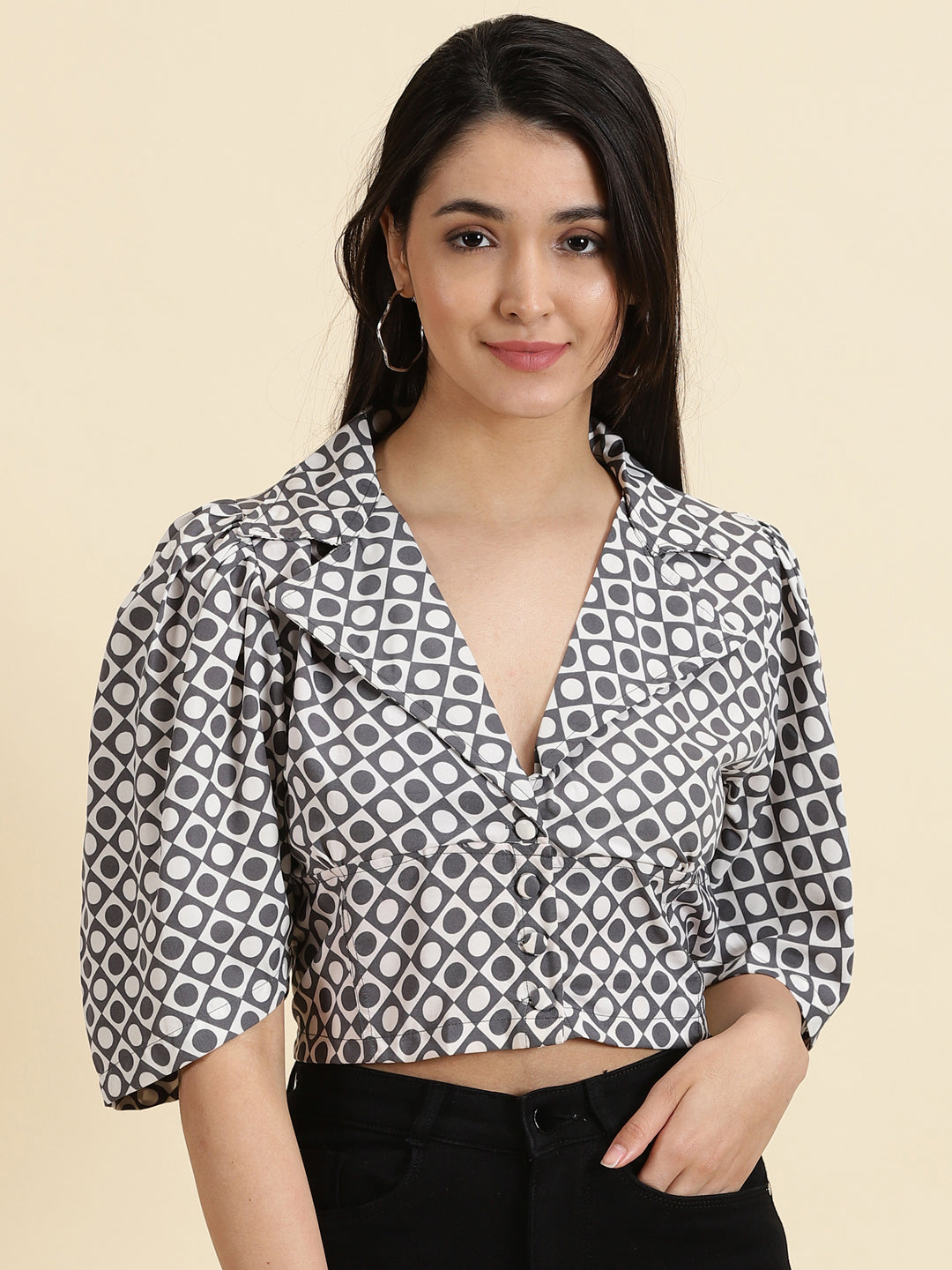 Women's White Printed Shirt Style Crop Top