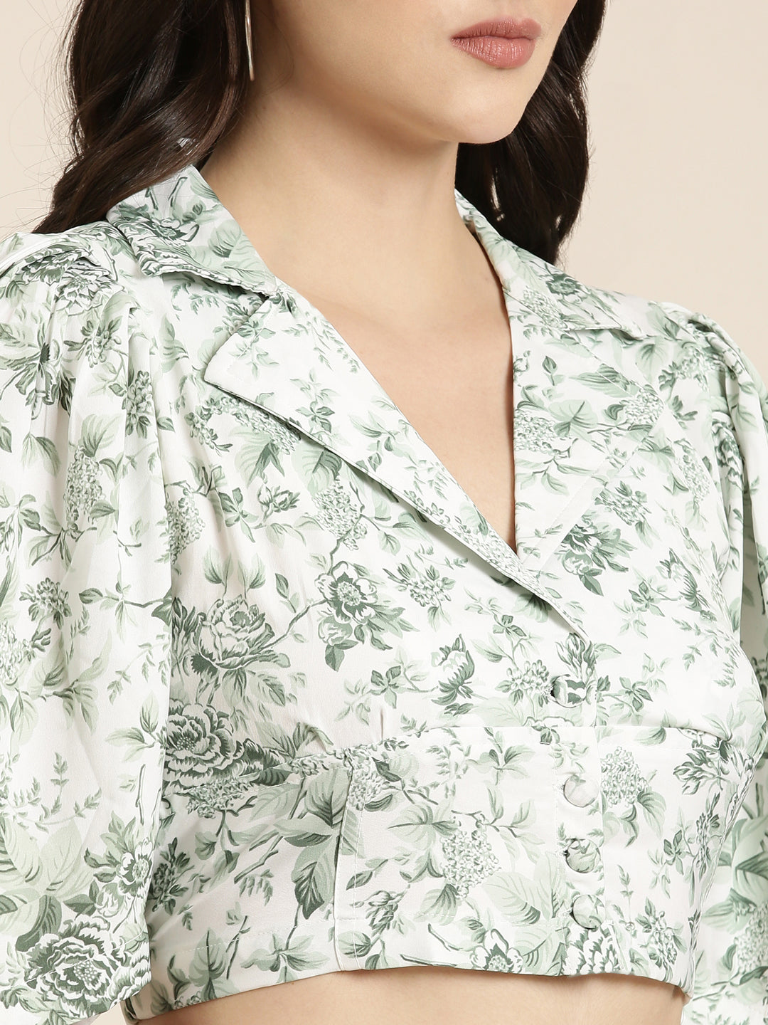 Women Green Printed Shirt Style Crop Top