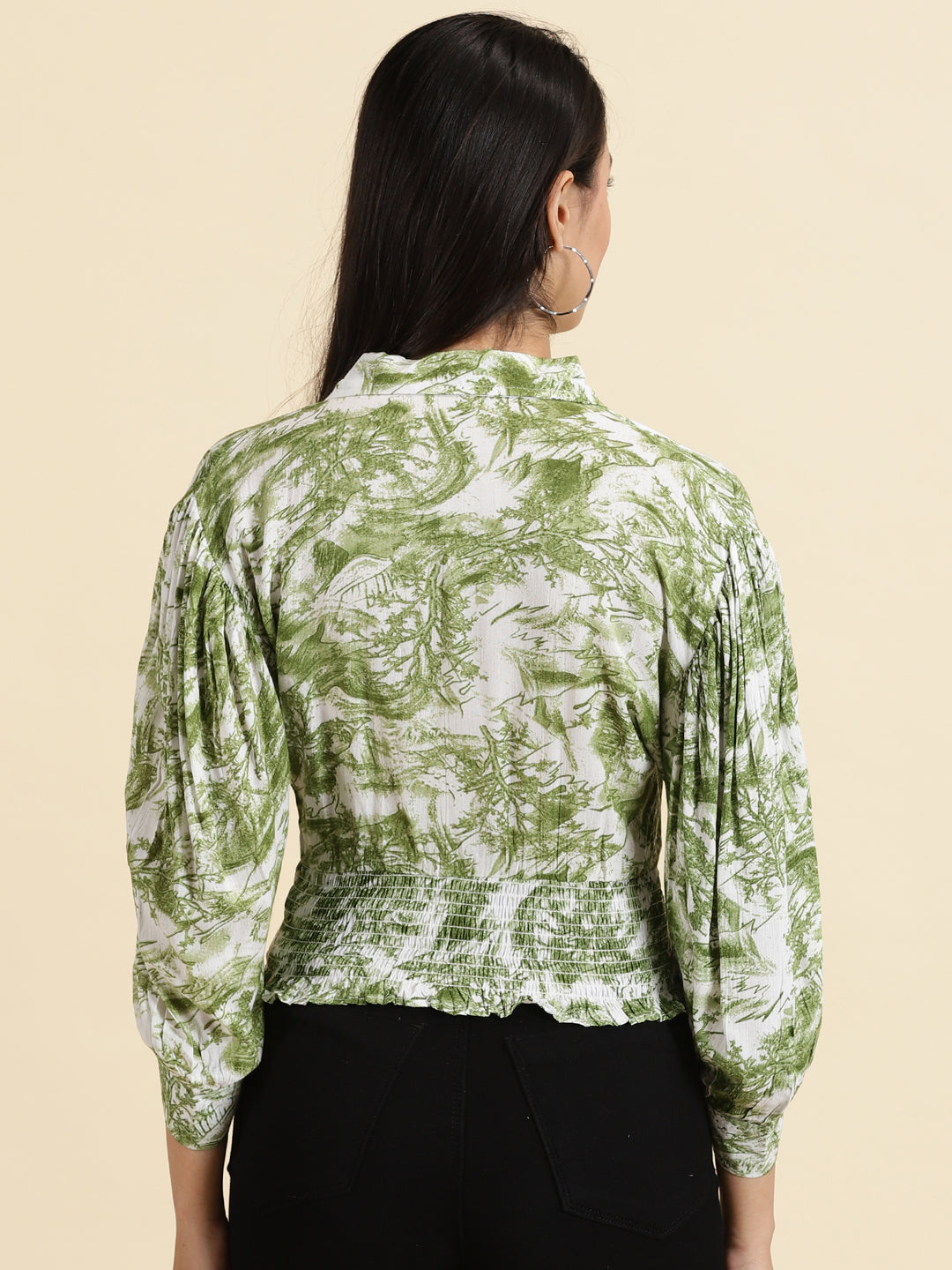 Women's Green Printed Cinched Waist Top