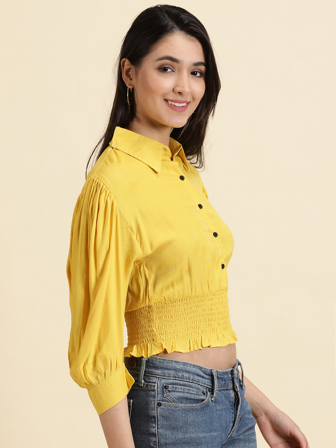 Women's Yellow Solid Cinched Waist Crop Top