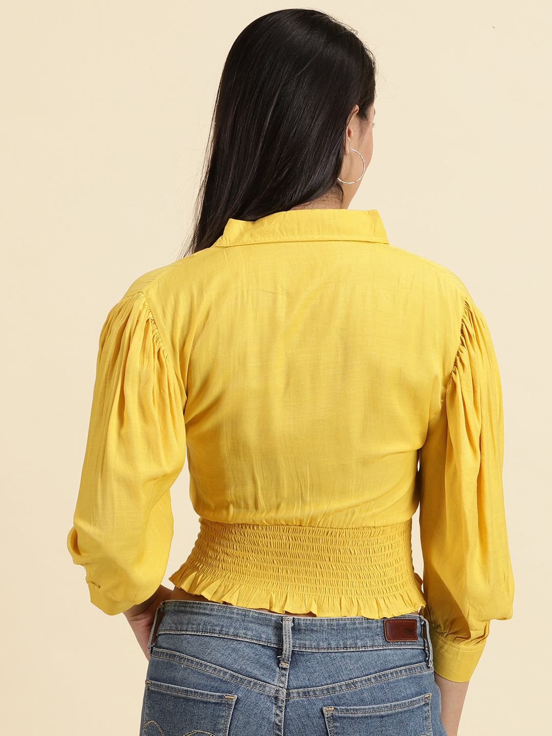 Women's Yellow Solid Cinched Waist Crop Top