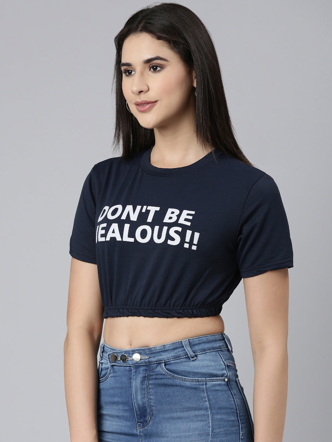 Round Neck Regular Sleeves Typography Cinched Waist Navy Blue Crop Top