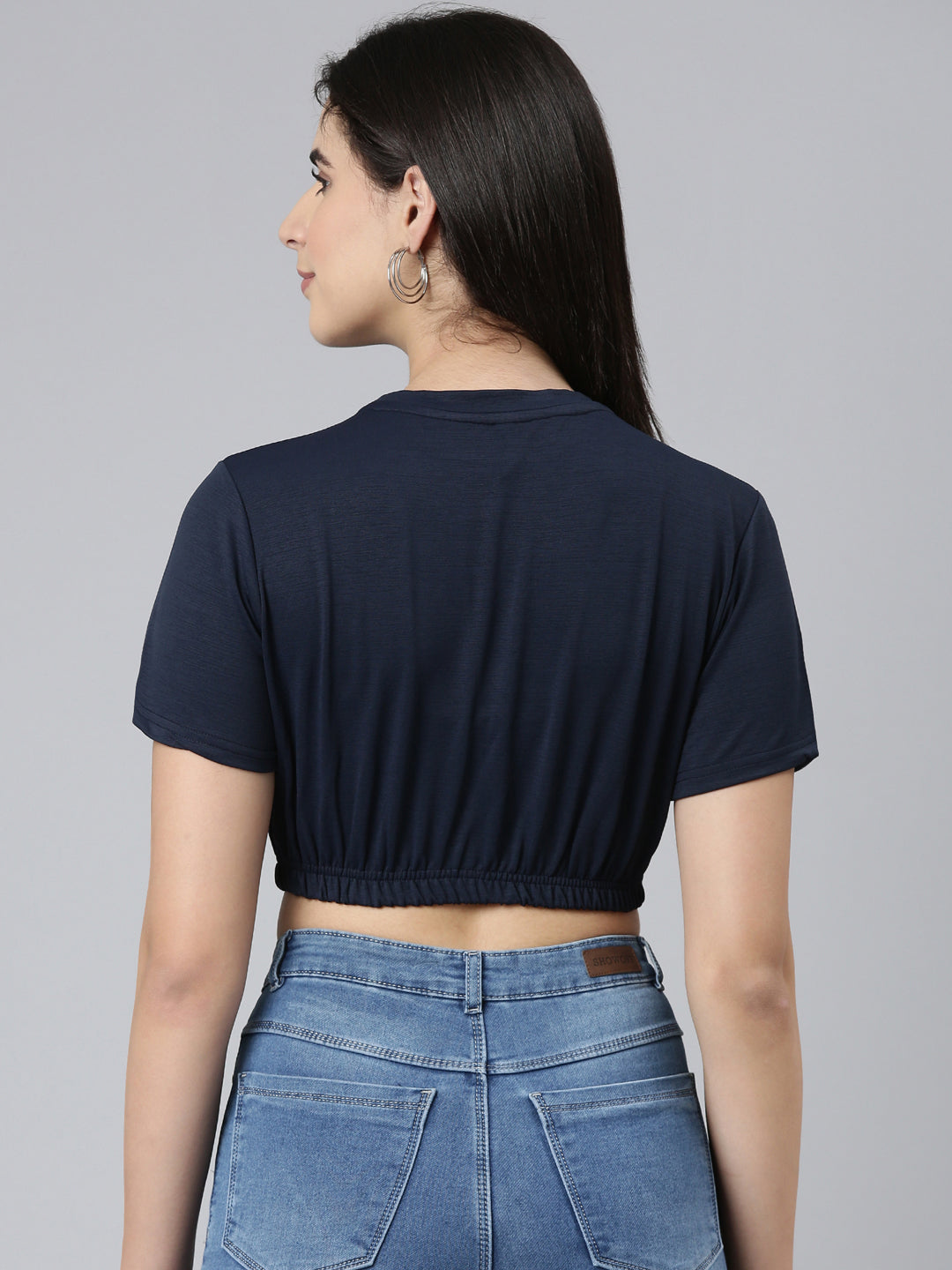 Round Neck Regular Sleeves Typography Cinched Waist Navy Blue Crop Top