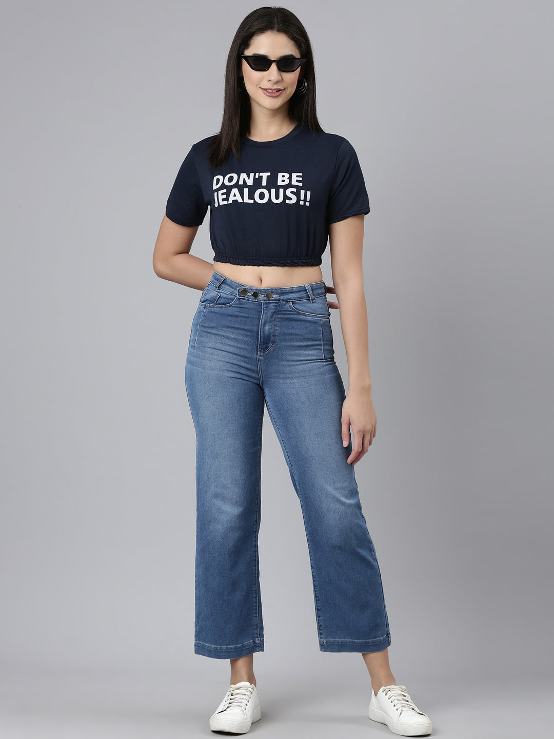 Round Neck Regular Sleeves Typography Cinched Waist Navy Blue Crop Top