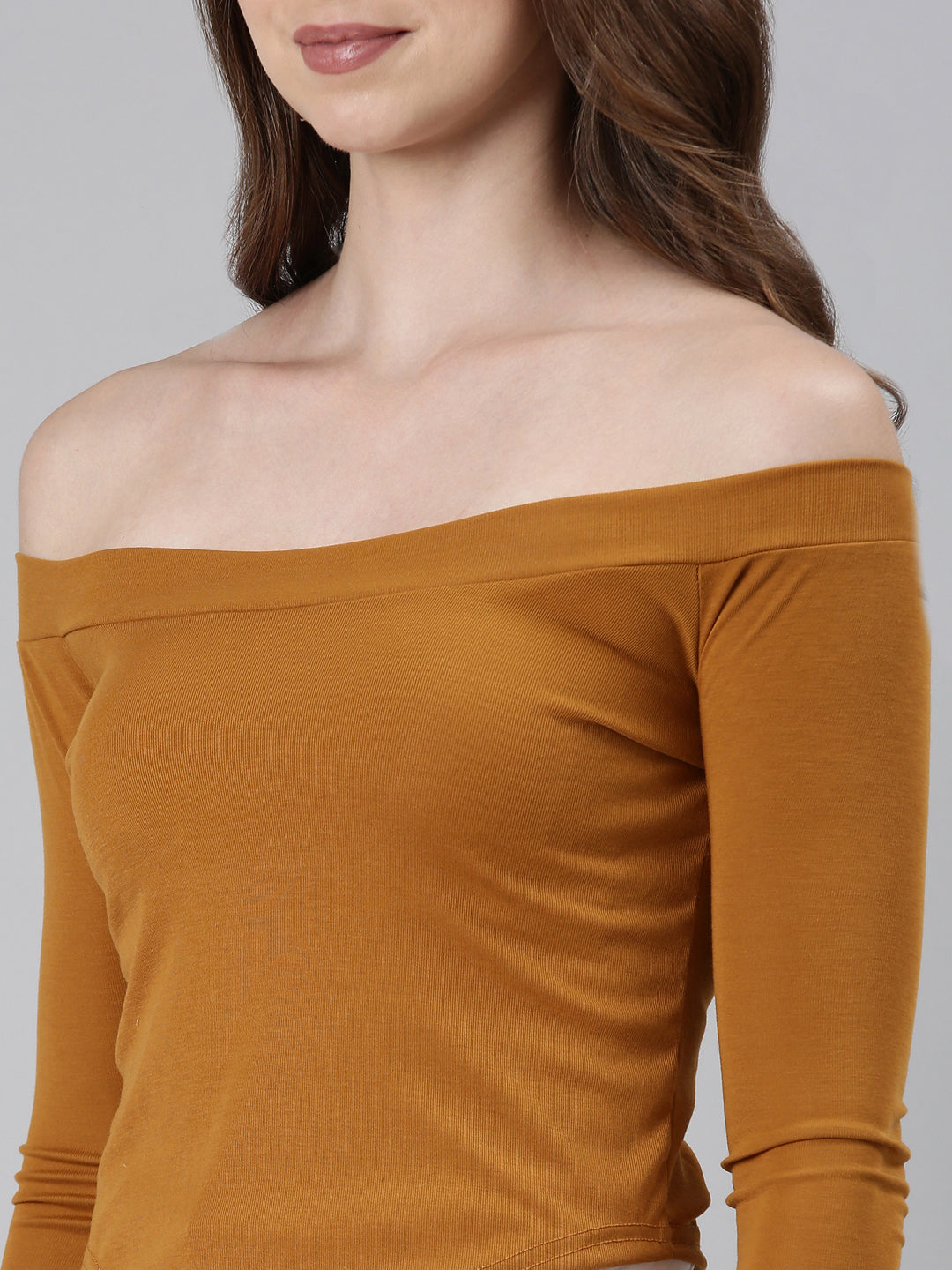 Off-Shoulder Regular Sleeves Solid Mustard Crop Top