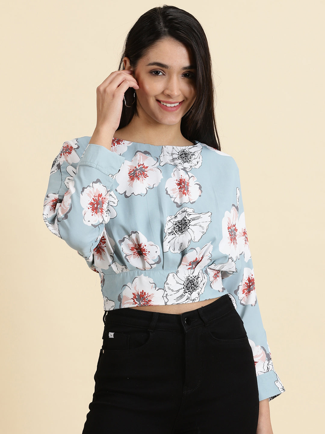 Women's Blue Printed Styled Back Crop Top