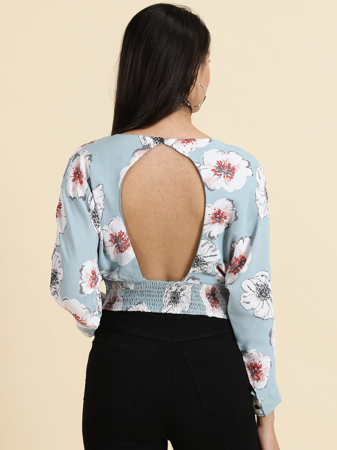 Women's Blue Printed Styled Back Crop Top